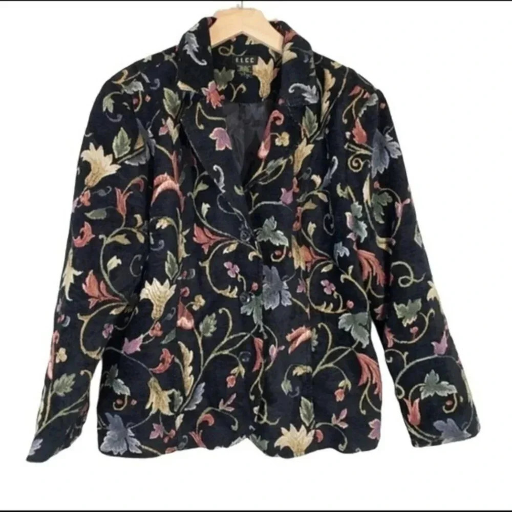 ELCC women XL Vintage Tapestry black‎ multicolor embroidered jacket Whimsigoth
